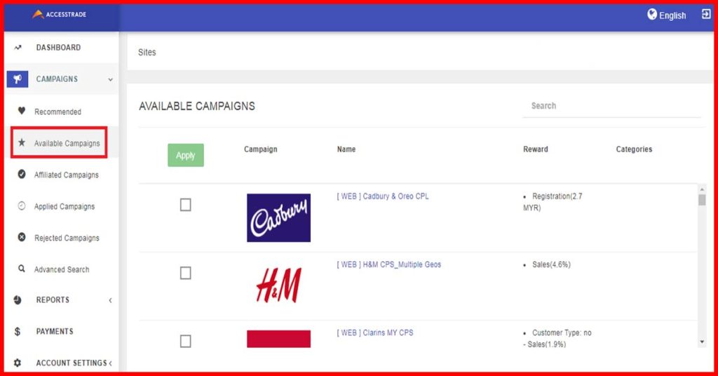 Accesstrade Available Campaigns