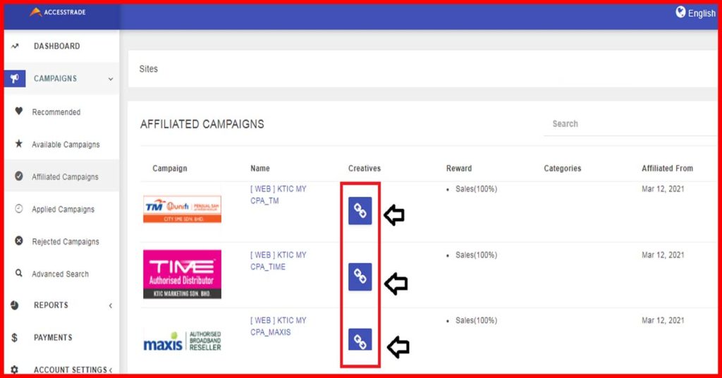 Click Accesstrade Affiliated Campaigns Promoting Link