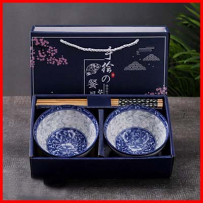 Japanese Ceramic Bowl with Sets of Japanese Chopsticks